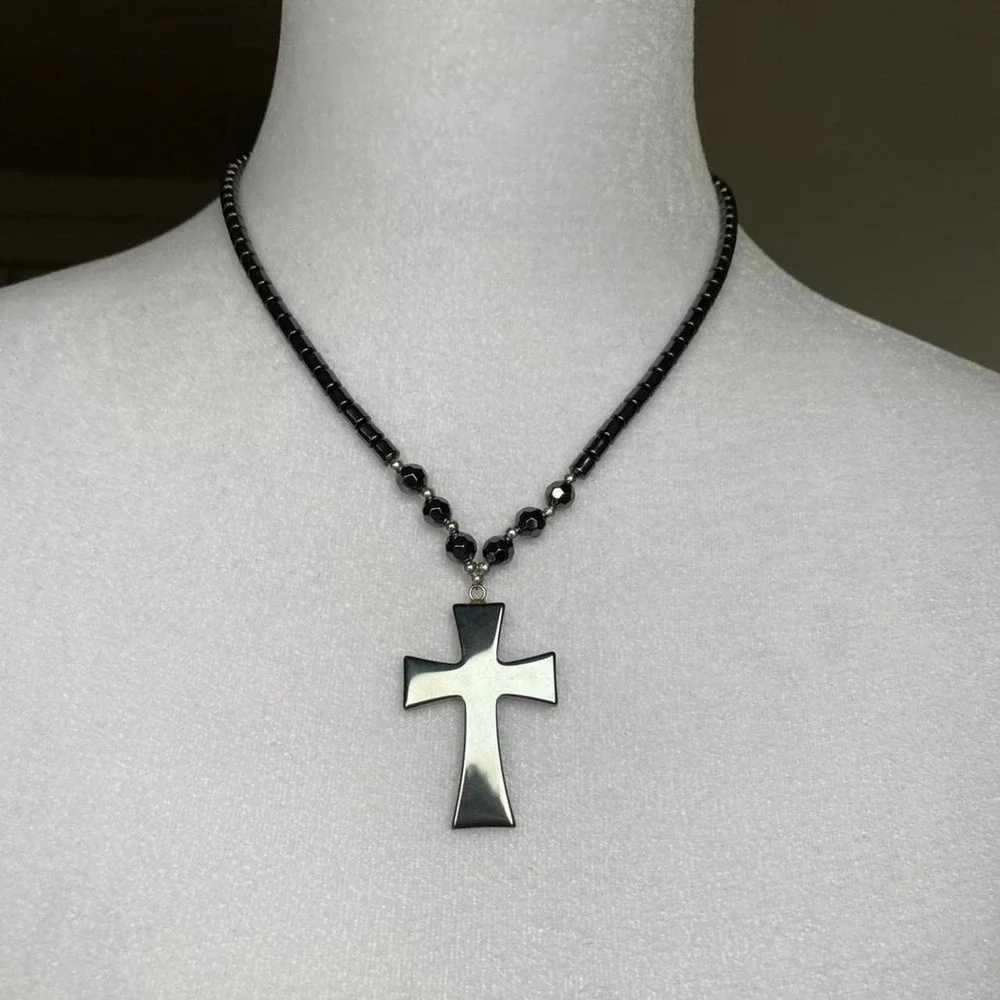 vintage y2k hematite cross pendant necklace whimsigoth grunge goth emo jewelry